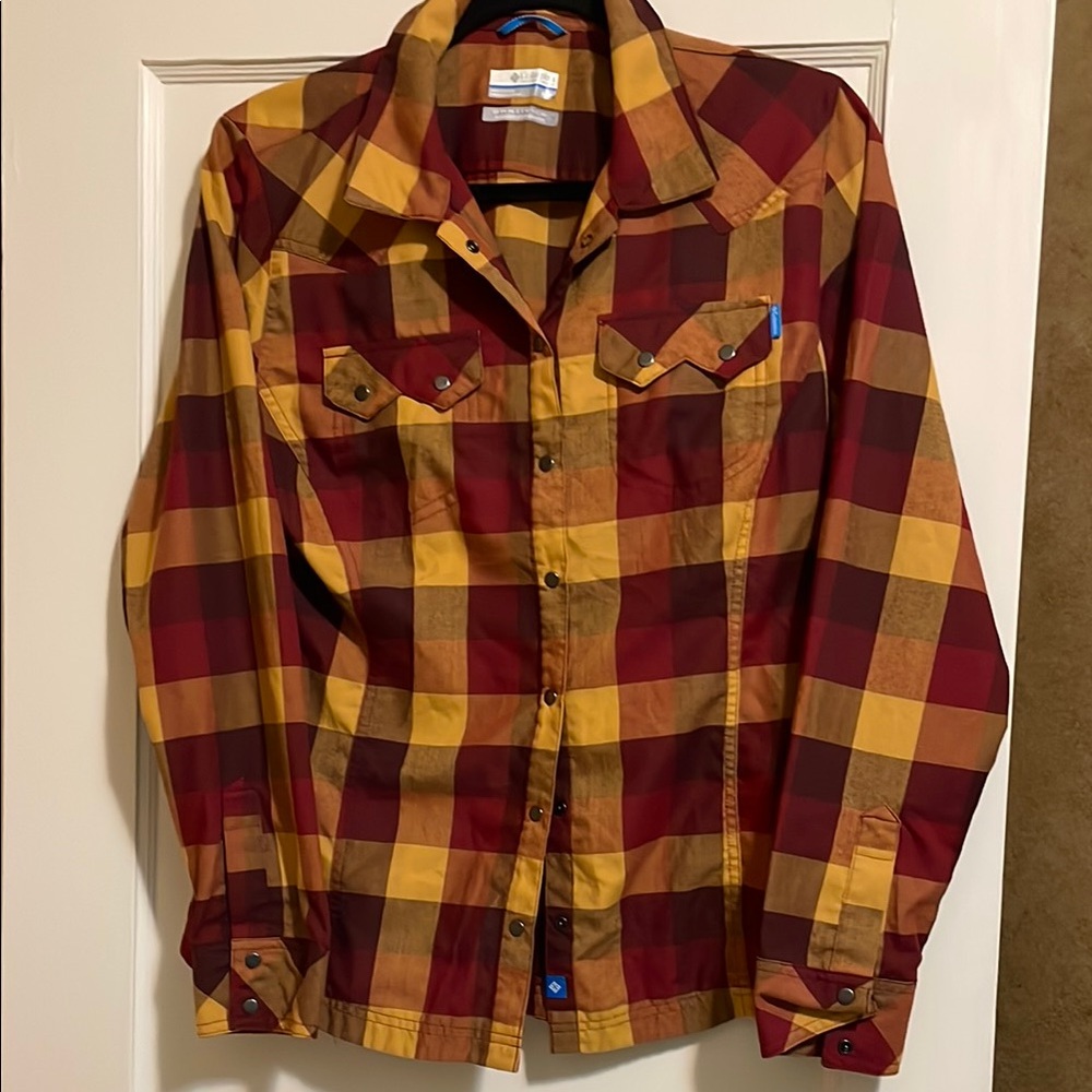 Plaid Button-Up Shirt in Red and Yellow